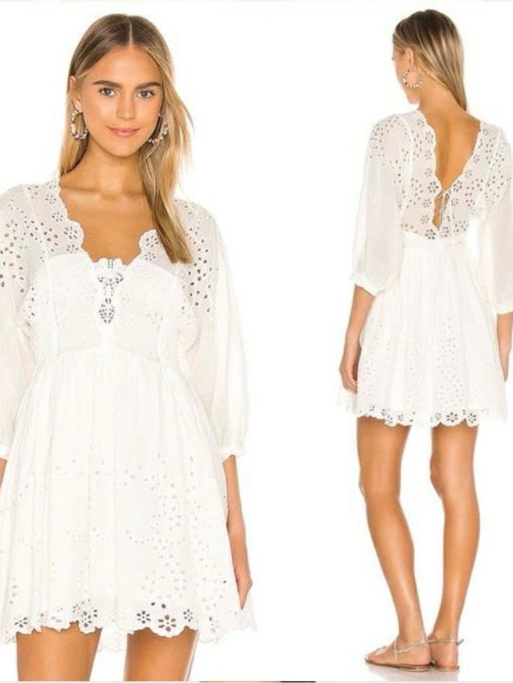 Free People Lottie White Eyelet Lace Smocked Mini Dress Size Medium
